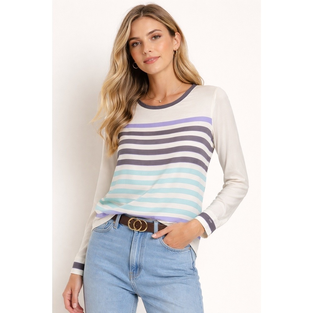 Equipment Femme 100% Silk Striped Long Sleeve Blouse White Purple Blue XS